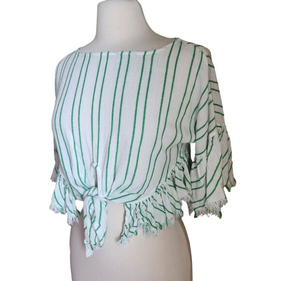 Olivaceous Women Size M Cropped‎ Top Tie Front Stripe Fringe Boho Bell Sleeves - Picture 11 of 13
